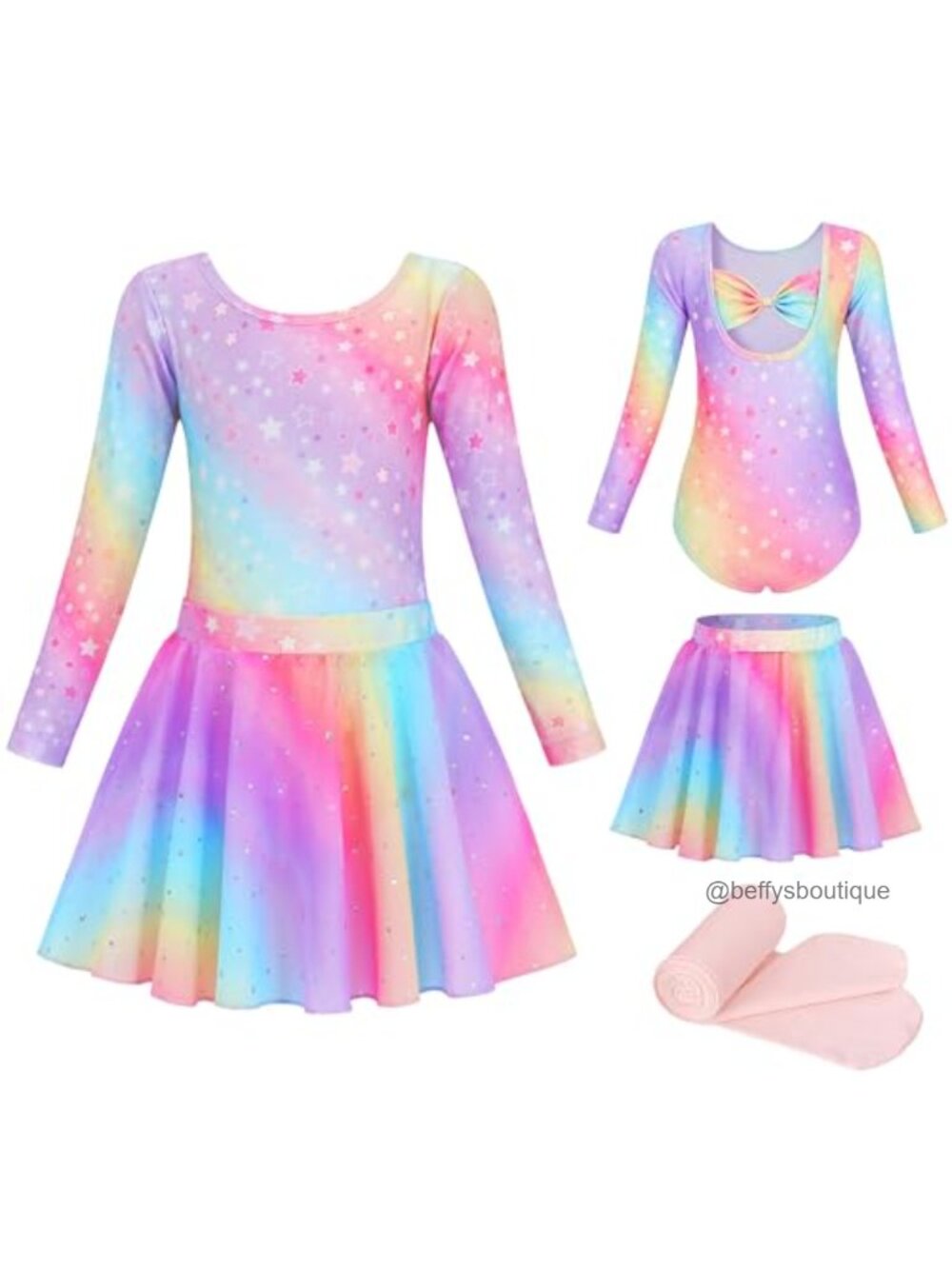 Toddler Ballet Long Sleeve Leotard with Tights and Skirt Set, Bow Back, Cotton
